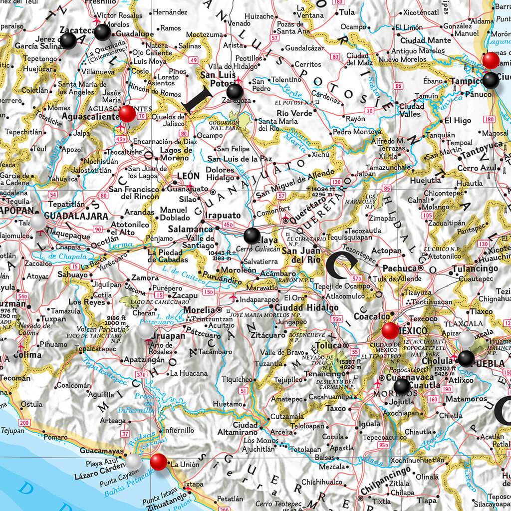 Closeup of Classic Mexico Map with Pins