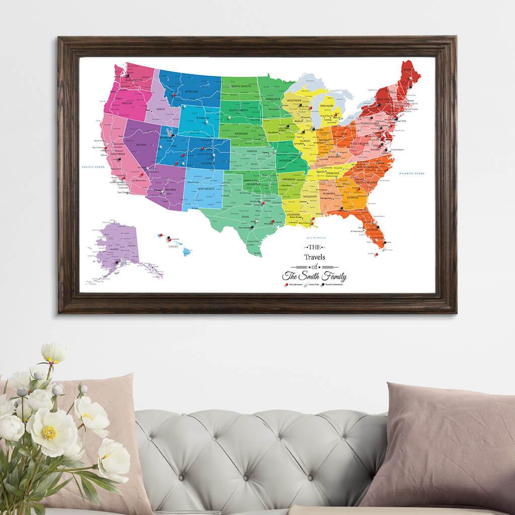 Canvas Colorful USA Travel Map with Solid Wood Brown Frame