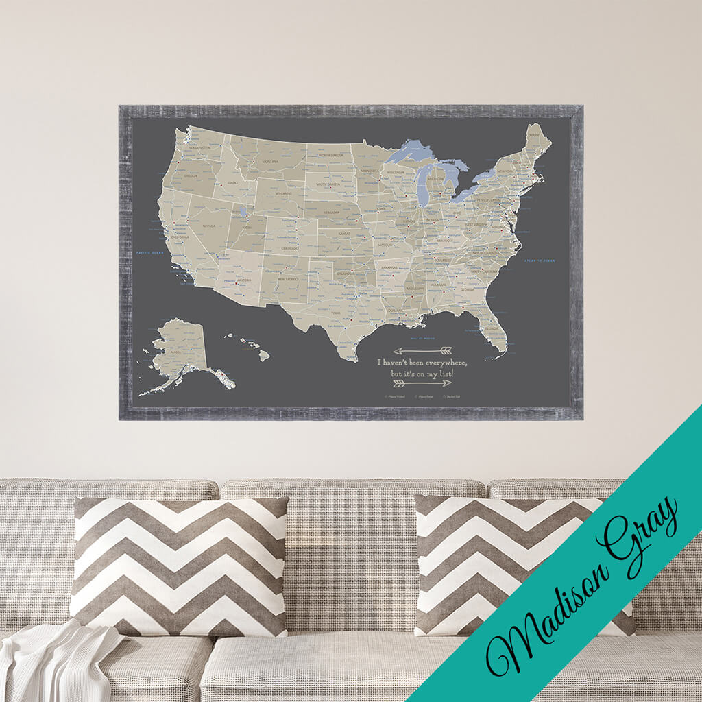 Canvas Earth Toned USA Pin Map in Premium Madison Gray Frame