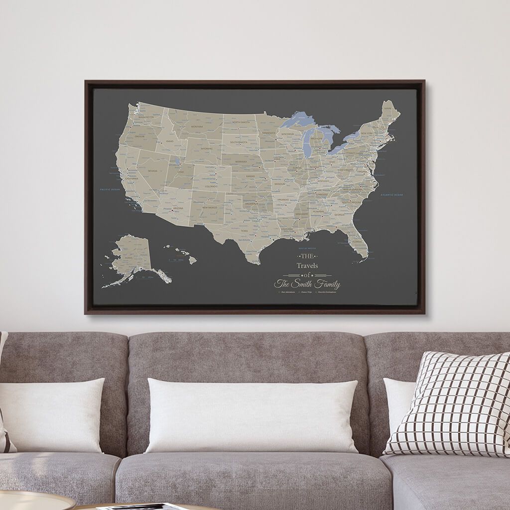 Brown Float Frame 24x36 Gallery Wrapped Earth Toned USA Map
