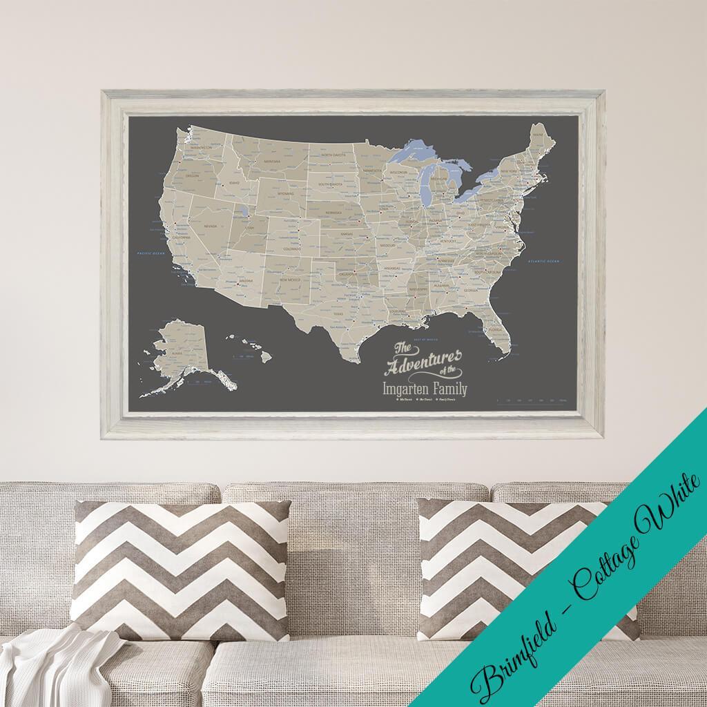 Canvas Earth Toned USA Pin Map in Premium Brimfield White Frame