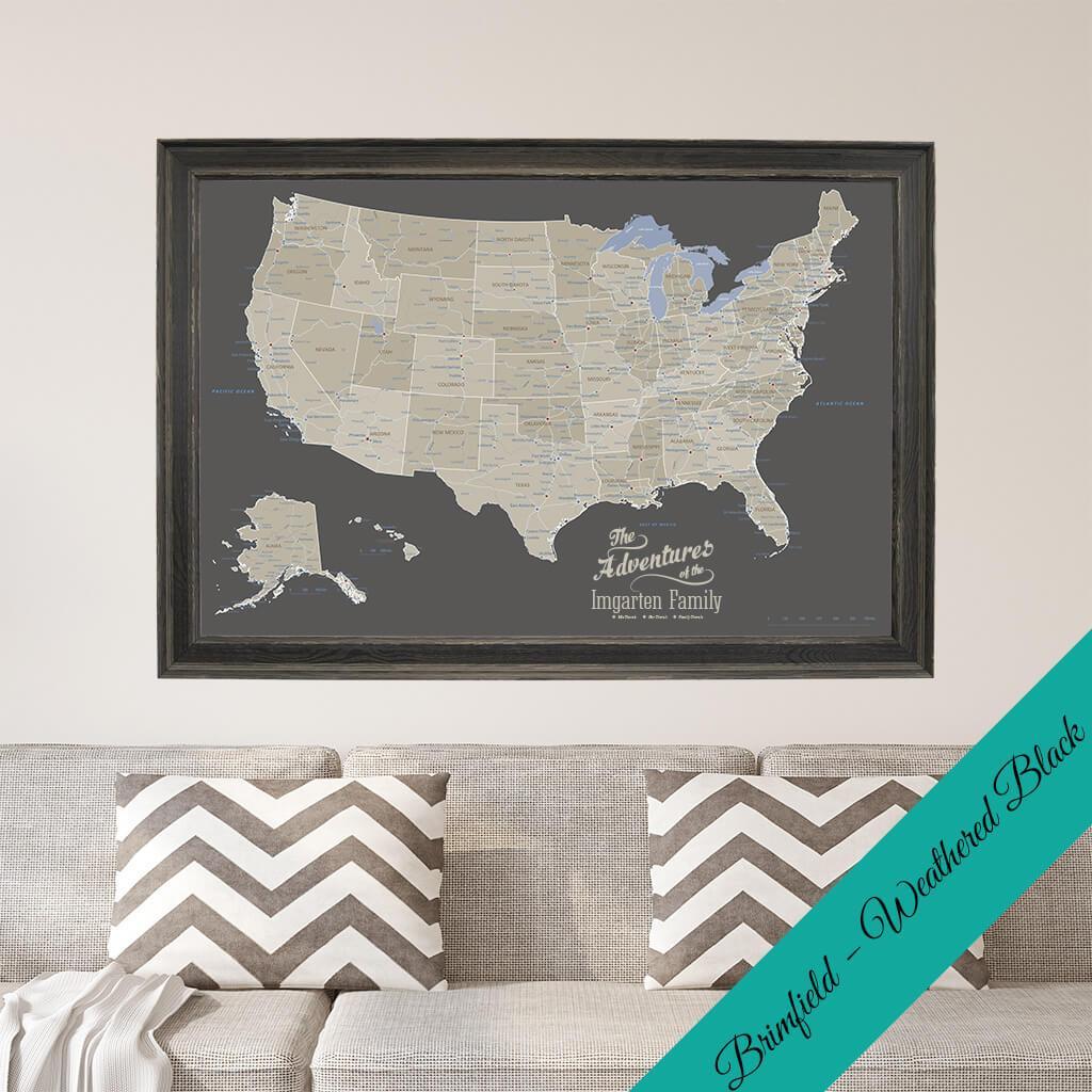 Canvas Earth Toned USA Pin Map in Premium Brimfield Black Frame