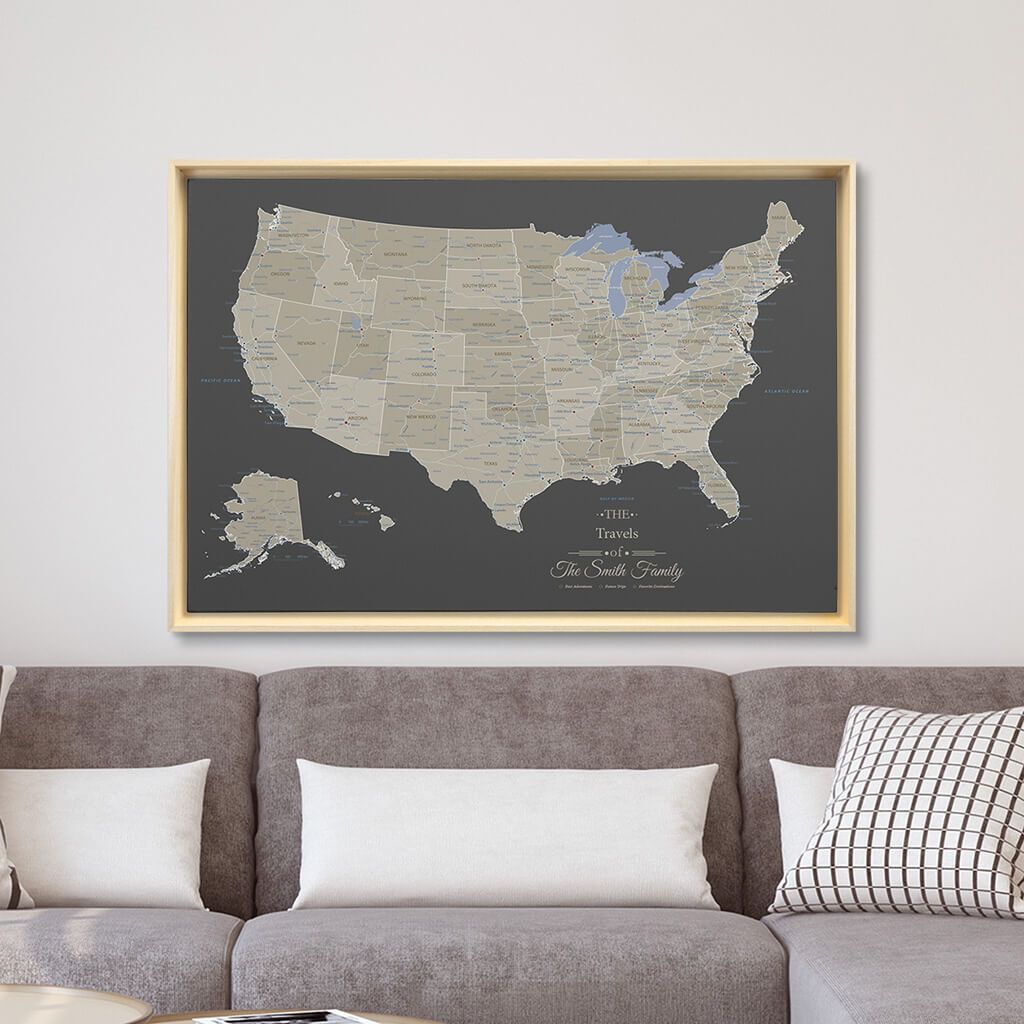 Natural Tan Float Frame -24x36 Gallery Wrapped Earth Toned USA Map