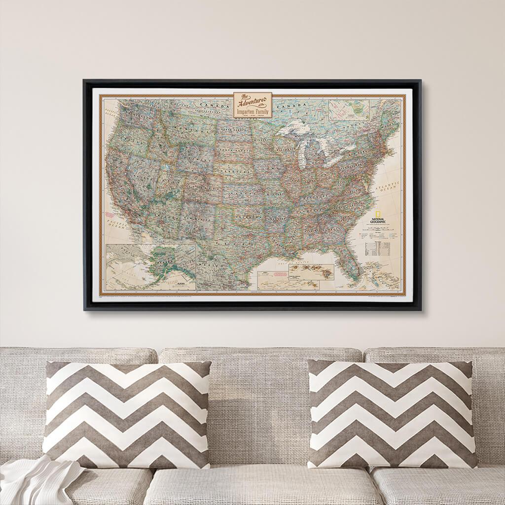 Black Float Frame - 24x36 Gallery Wrapped Executive USA Push Pin Travel Map
