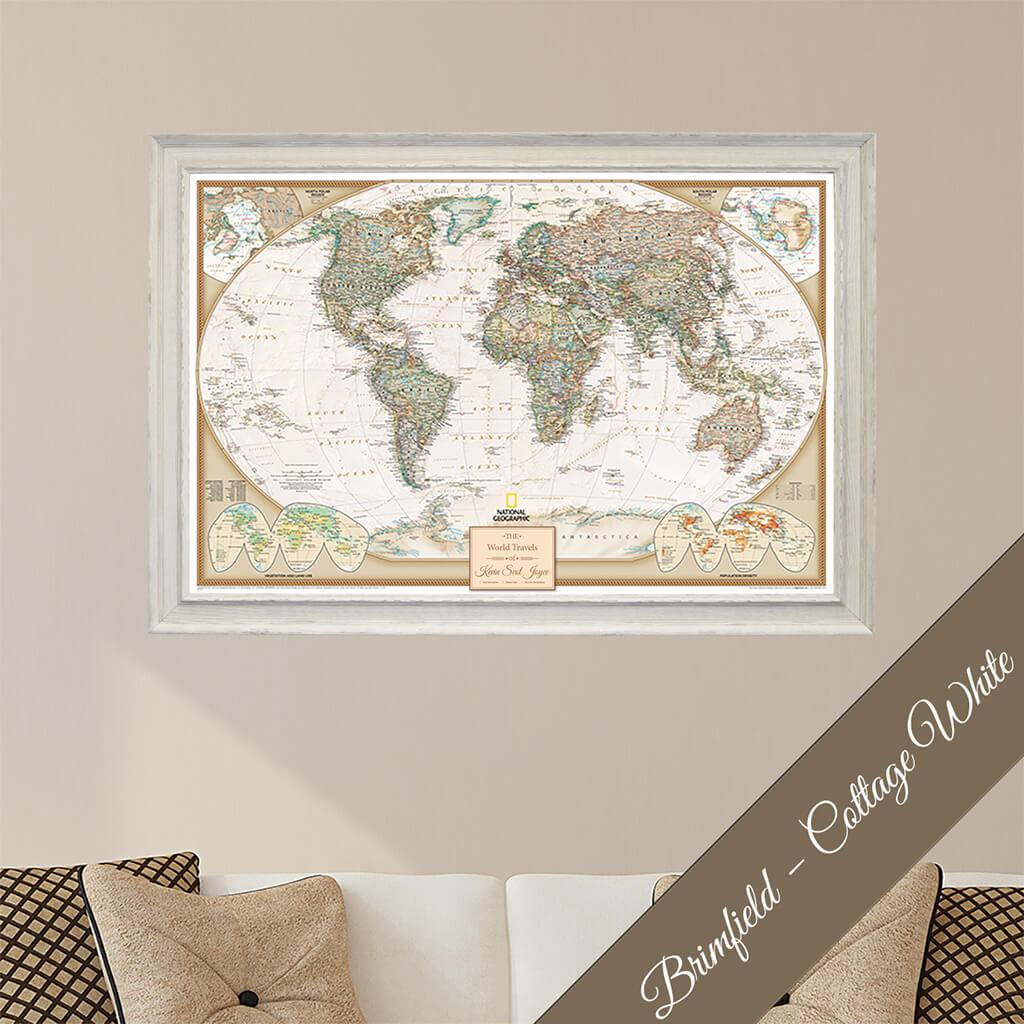 Canvas Executive World Travel Map in Premium Brimfield White Frame