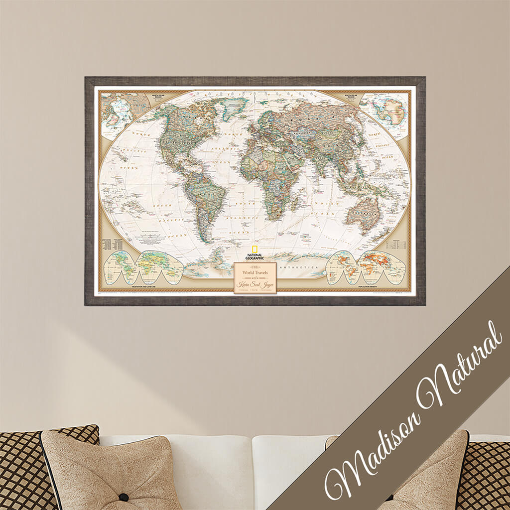 Canvas Executive World Travel Map in Premium Madison Natural Brown Frame