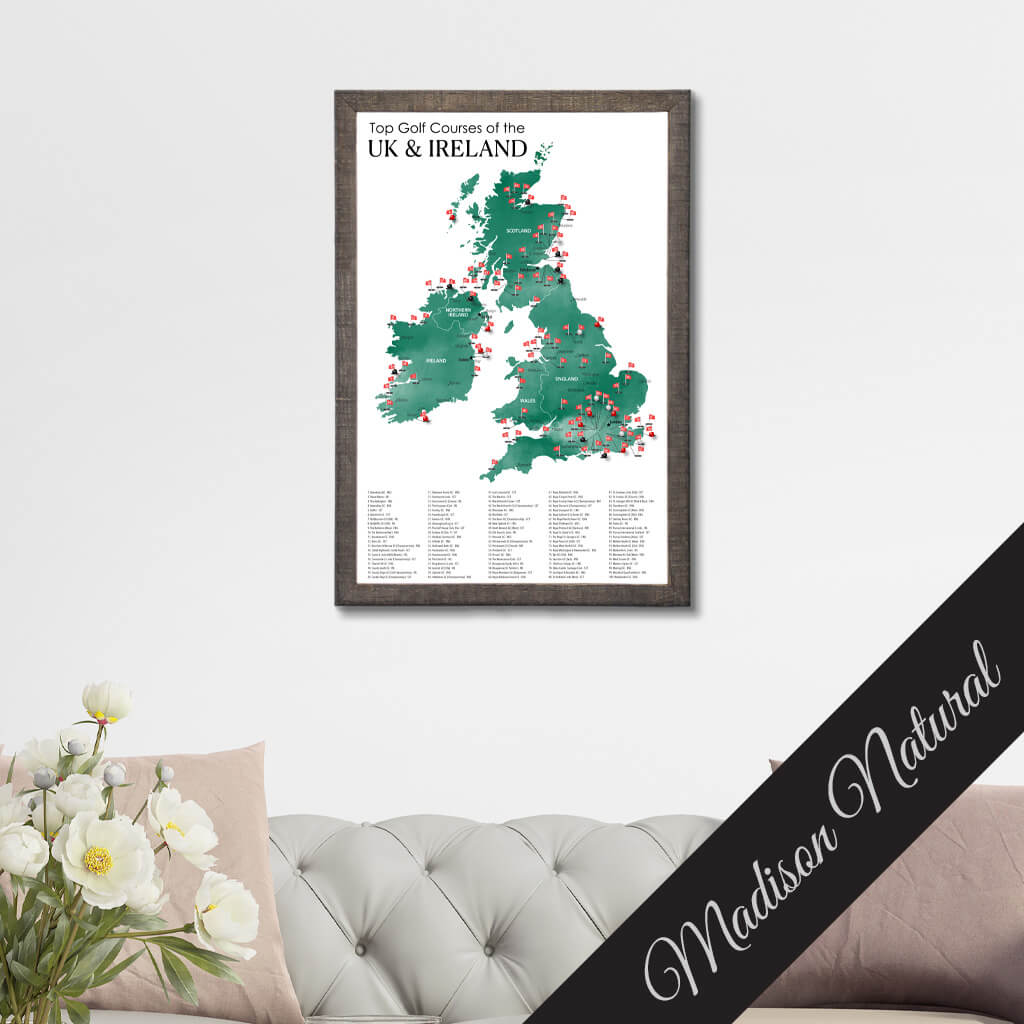 Canvas Map of Top Golf Courses of the UK & Ireland in Premium Madison Natural Frame