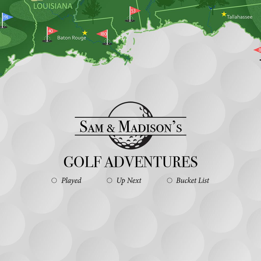 Personalized golf adventures map canvas showing Louisiana coastline with numbered course pins and custom name text