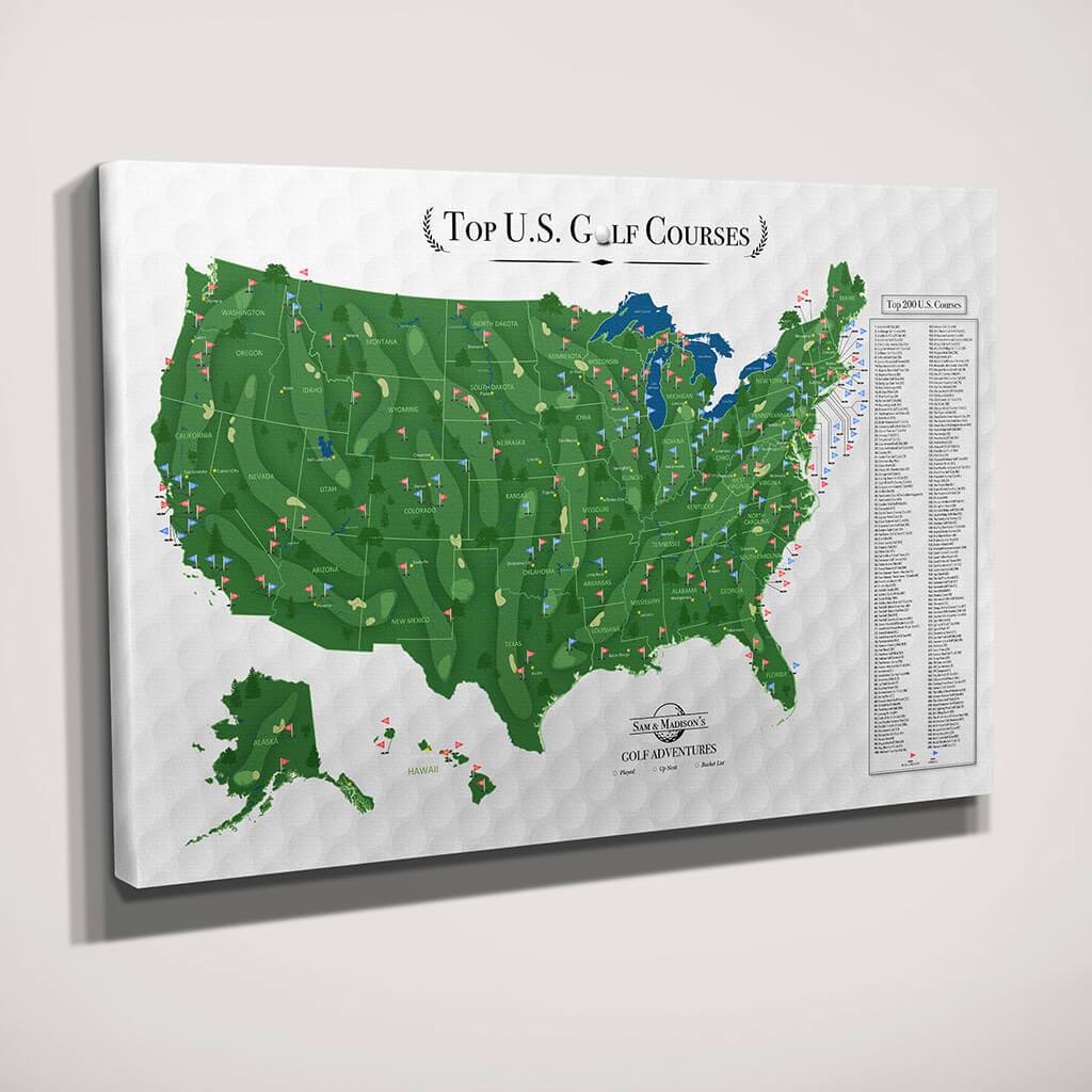 Gallery wrapped canvas Top US Golf Courses travel map with colored flag pins mounted on wall