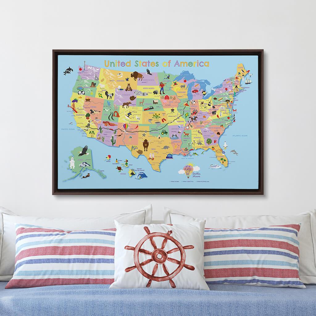 Brown Float Frame -24x36 Gallery Wrapped Canvas Kids Map