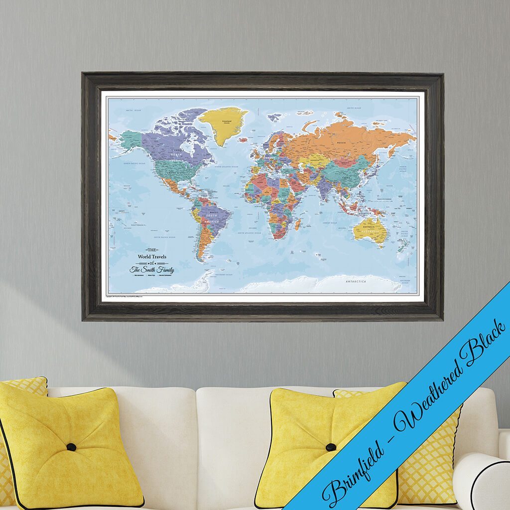 Canvas Blue Oceans World Map With Pins In Premium Brimfield Black Frame
