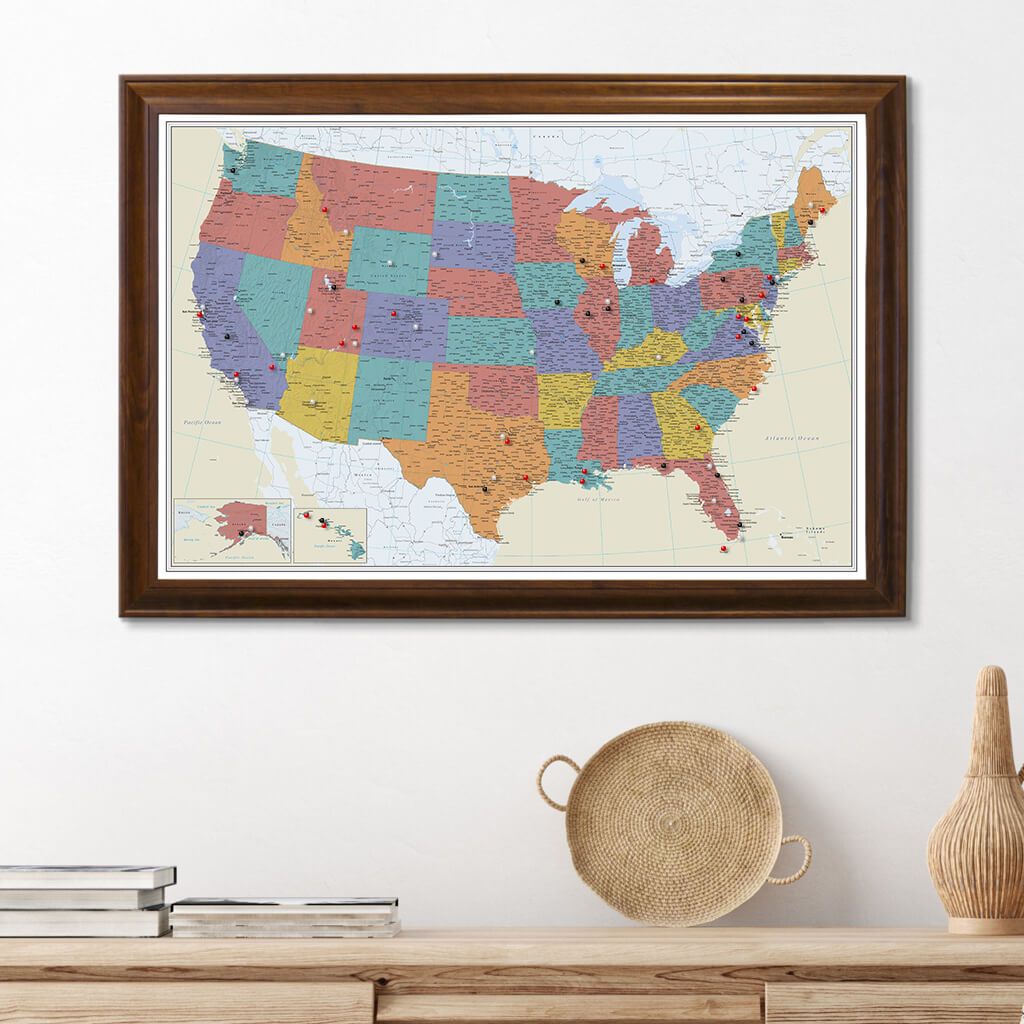 Tan Oceans USA Push Pin Travelers Map in Brown Frame