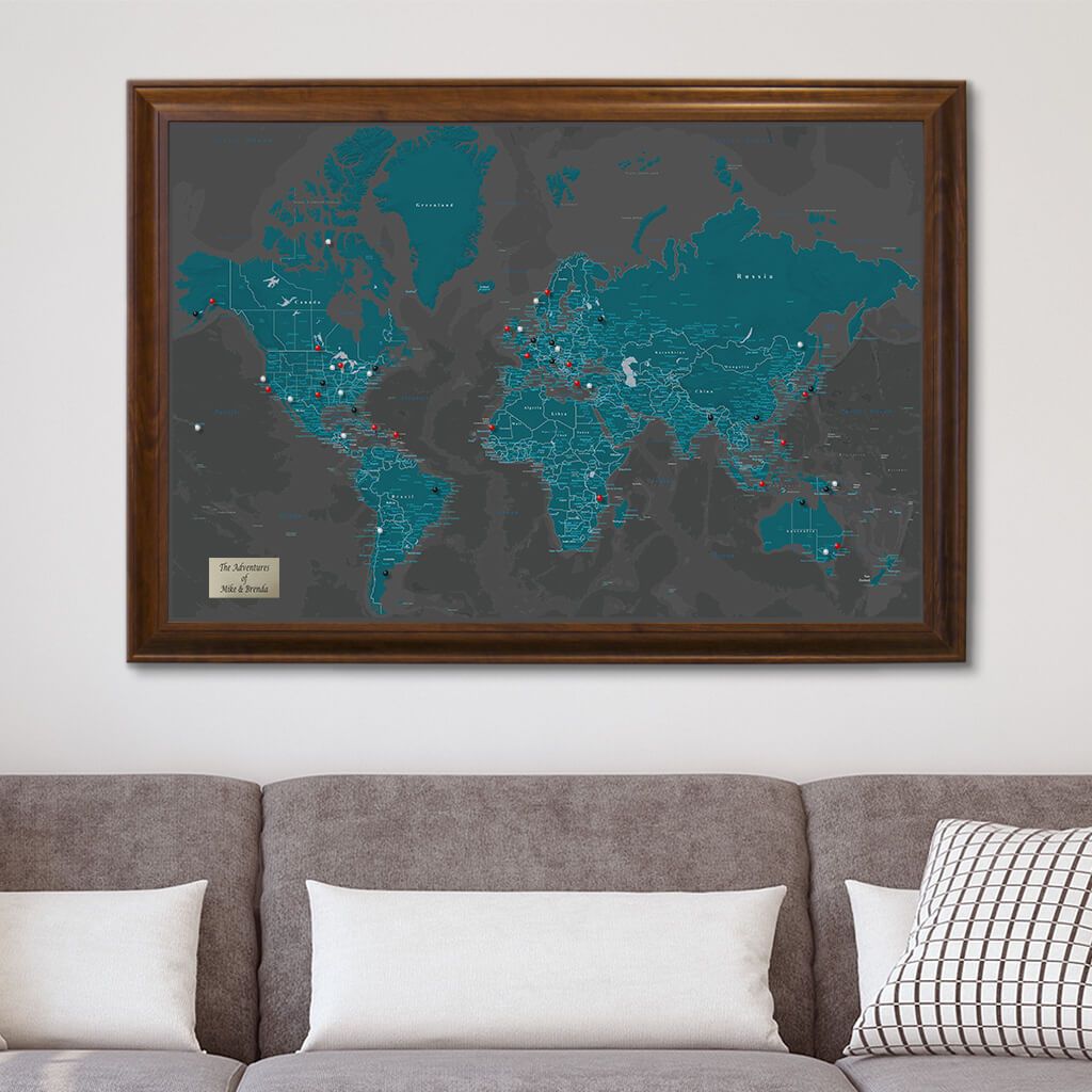 Midnight Dream World Push Pin Map Brown Frame