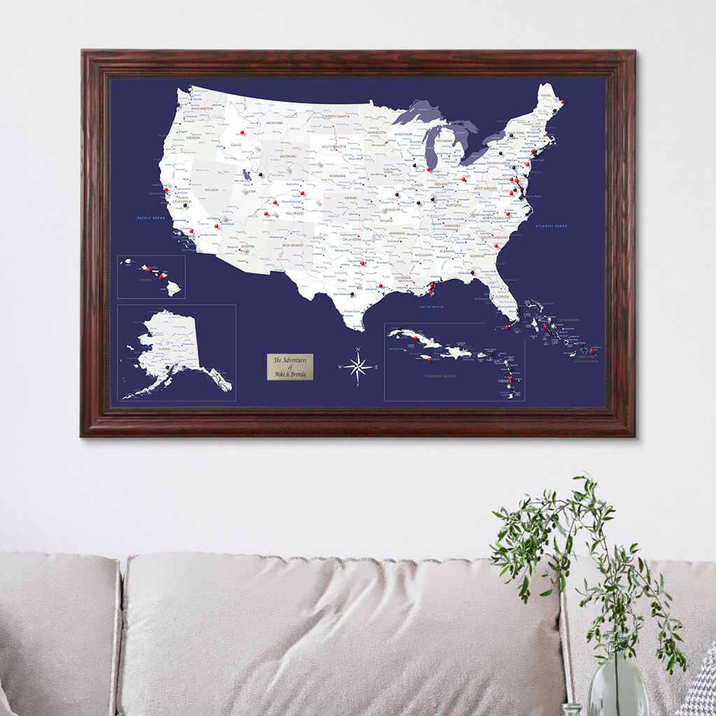 Navy Explorers US Caribbean Map in Solid Wood Cherry Frame