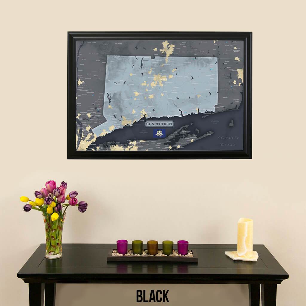 Connecticut Slate Pinboard Map with Pins Black Frame
