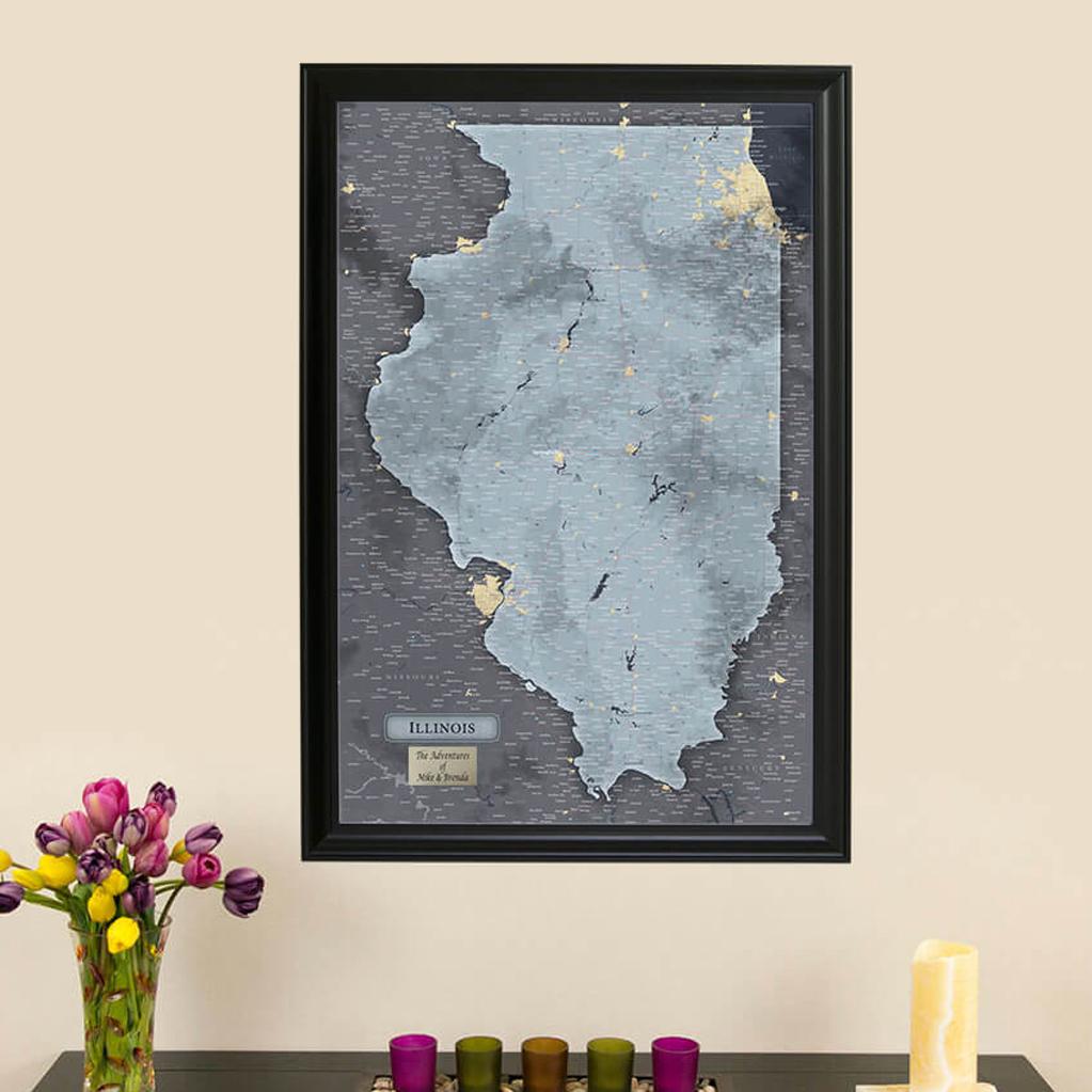 Push Pin Travel Maps Illinois Slate Map with Pins - Framed Travel Map - US State Maps