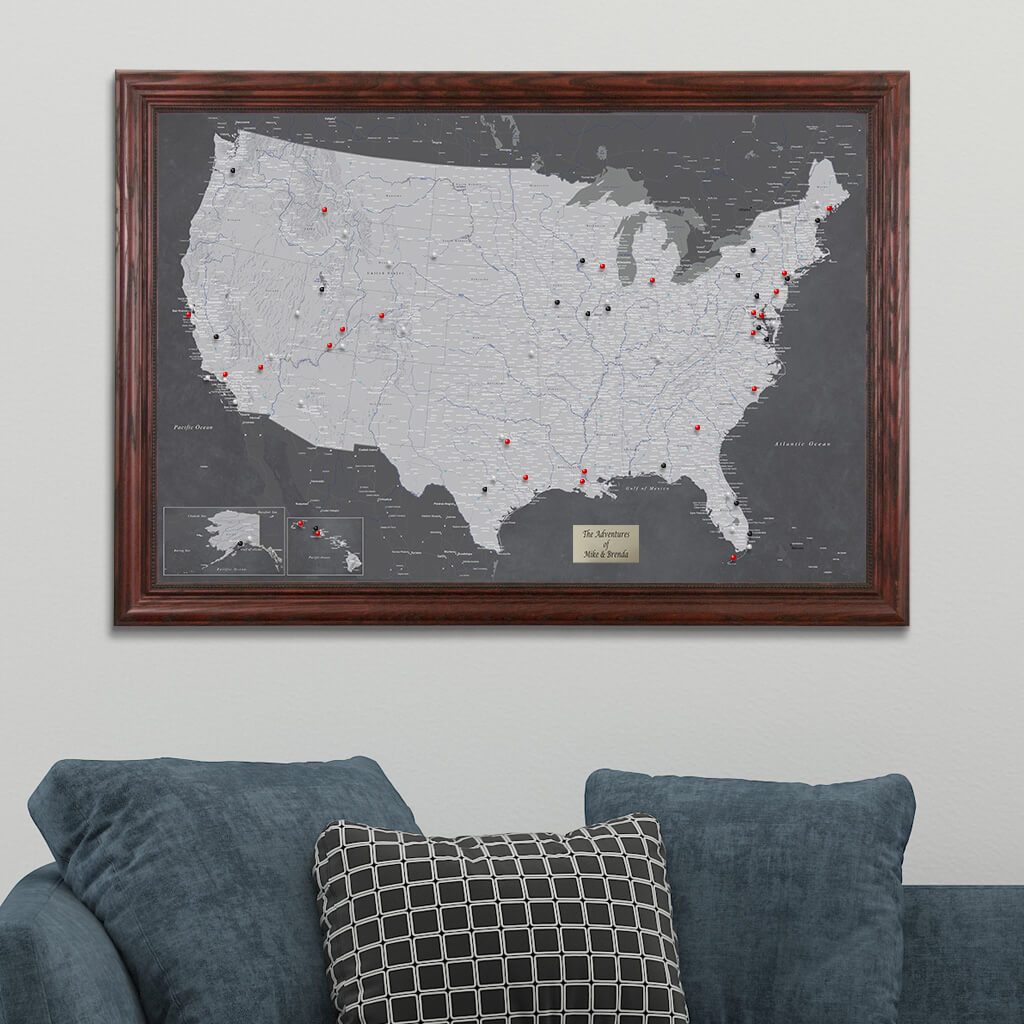 Stormy Dreams USA Pinnable Travel Map in Solid Wood Cherry Frame
