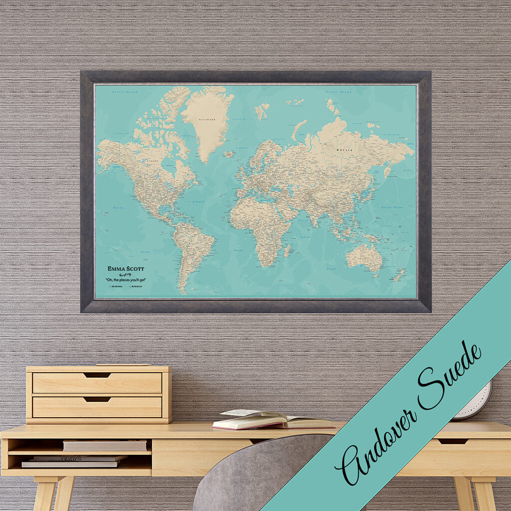 Canvas Teal Dreams World Map in Premium Andover Suede Frame