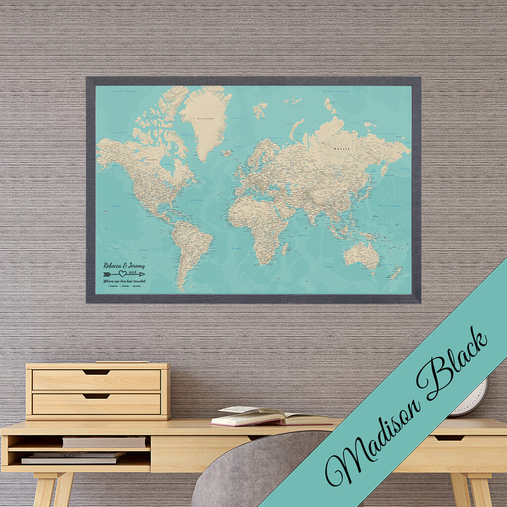 Canvas Teal Dreams World Map in Premium Madison Black Frame