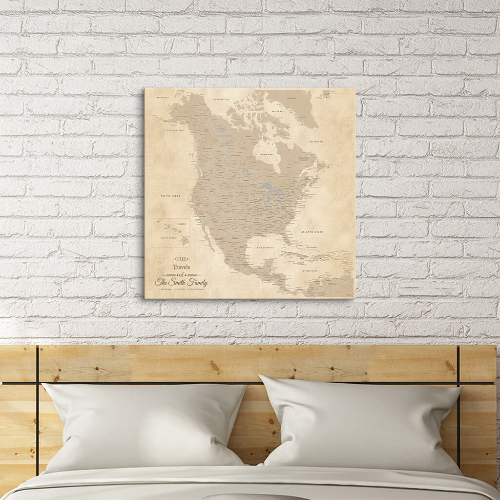 Canvas Gallery Stretched Vintage North America Push Pin Travelers Map - 24" x 24"
