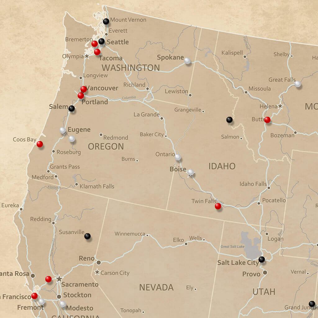 Closeup of Vintage USA Travel Map with Pins