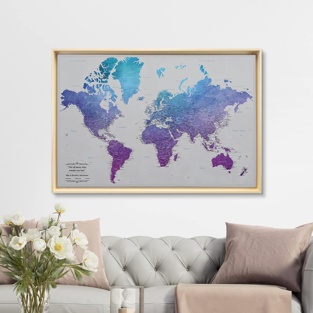 Natural Tan Float Frame - 24x36 Gallery Wrapped Canvas Vibrant Violet Watercolor World Push Pin Map