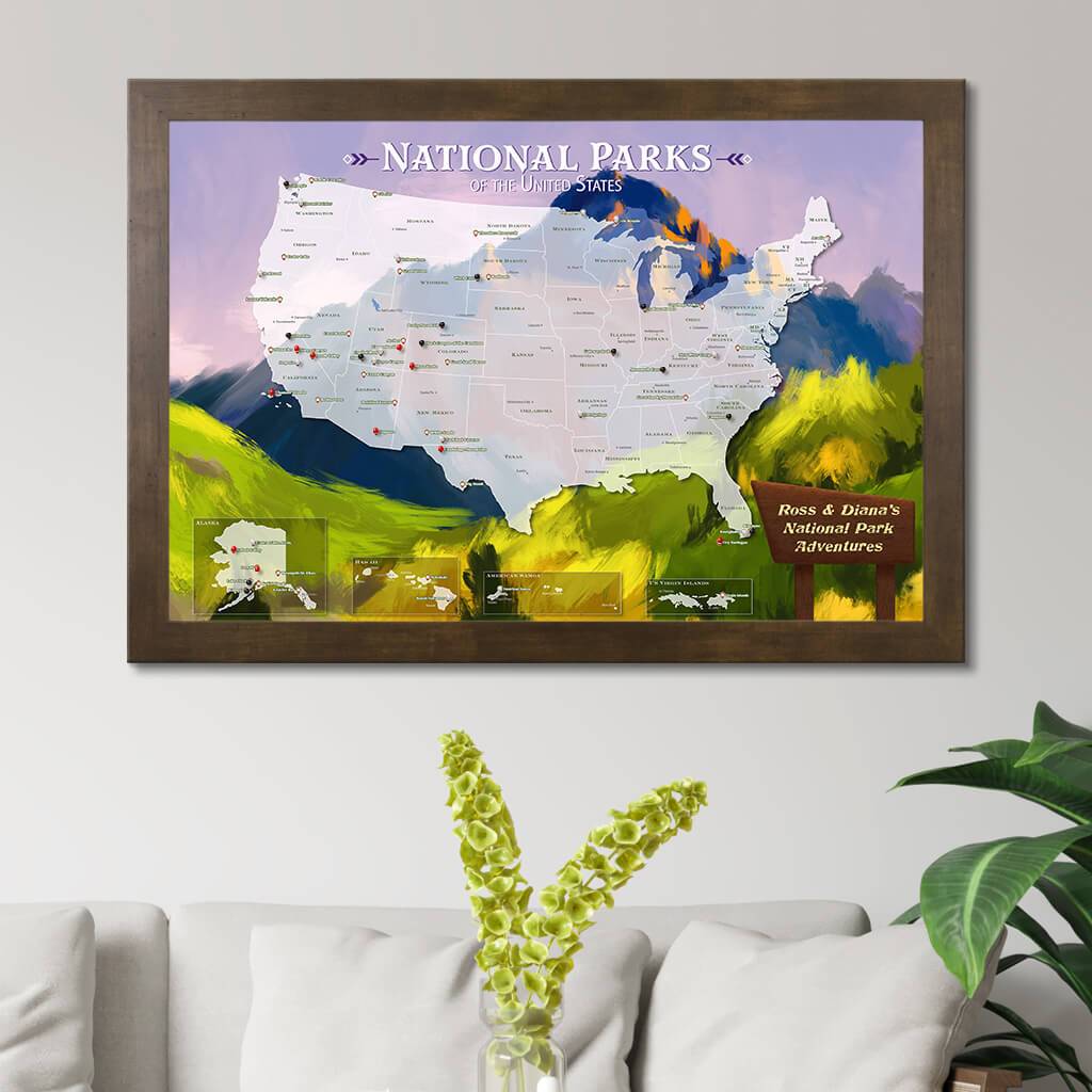 Canvas National Parks Watercolor Travel Map - Rustic Brown Frame