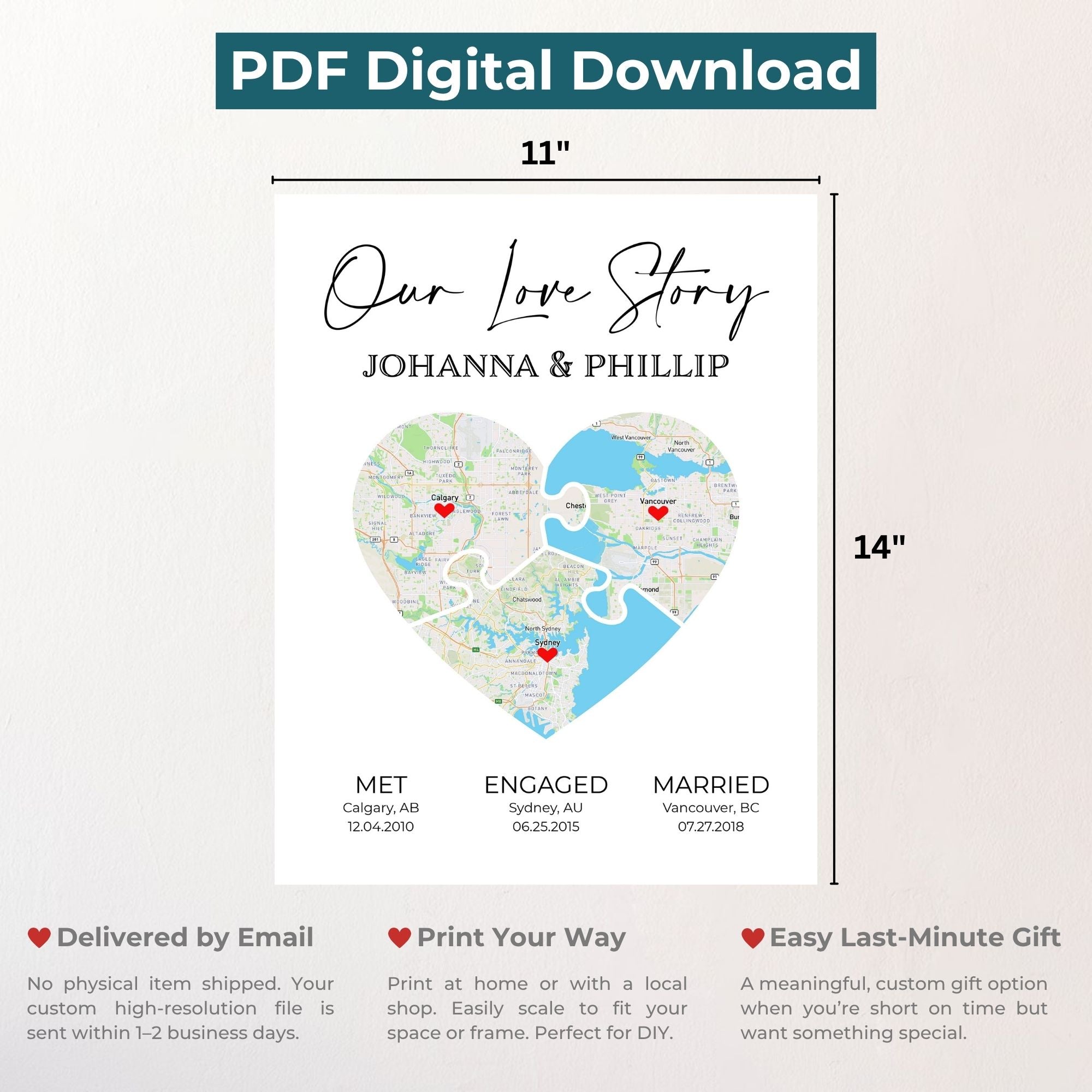Puzzle Piece Heart Map Art | Personalized Couple Gift | Option 5