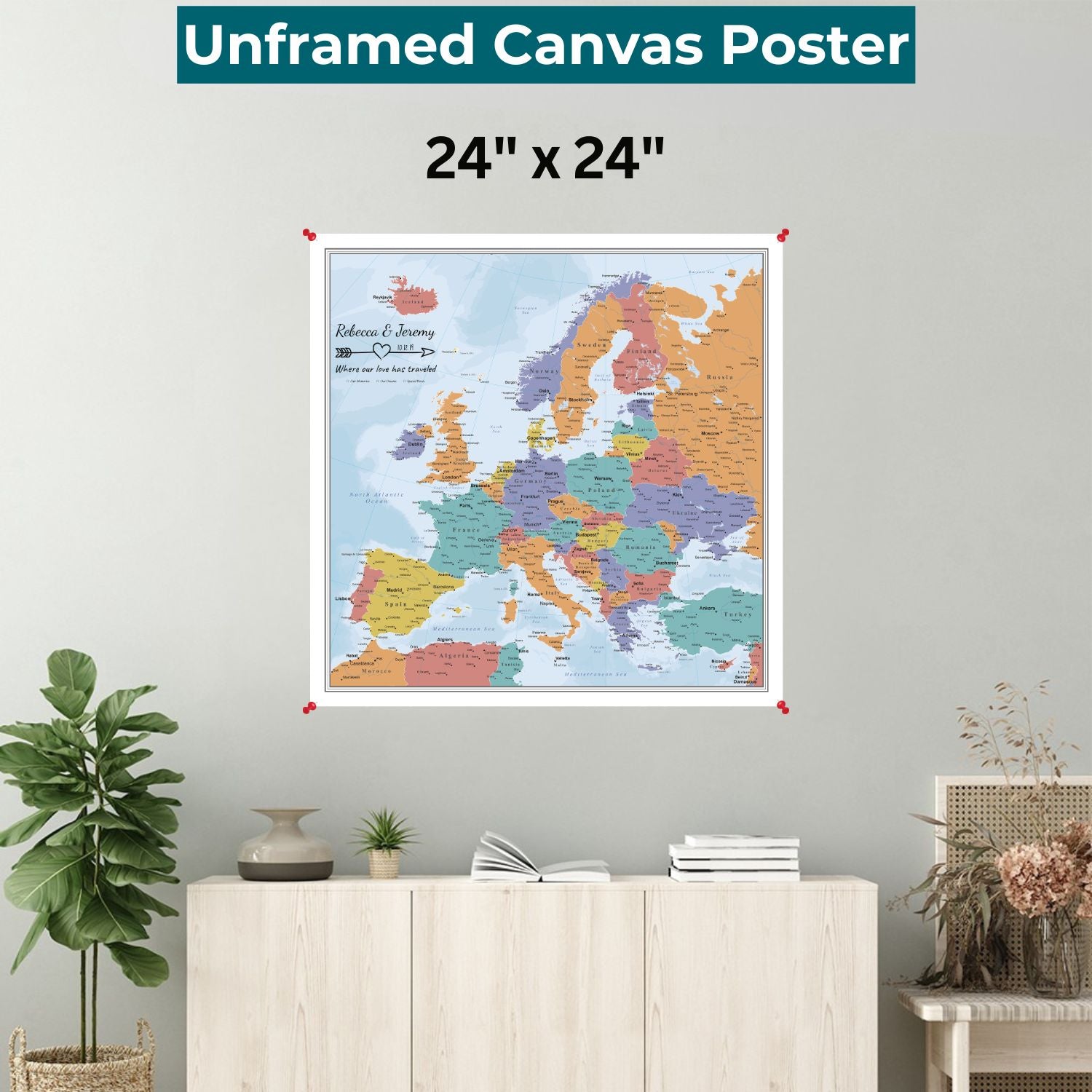 Personalized blue oceans Europe canvas map poster pinned to wall above modern credenza in living room