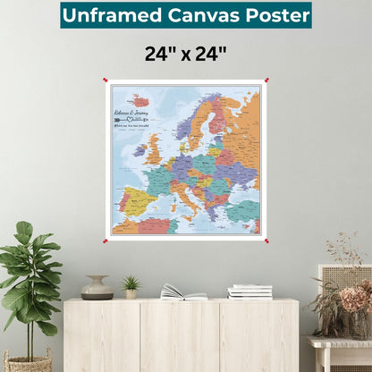 Personalized blue oceans Europe canvas map poster pinned to wall above modern credenza in living room