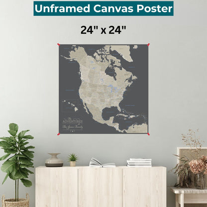 Personalized earth toned North America canvas map poster in gray and tan hung on living room wall