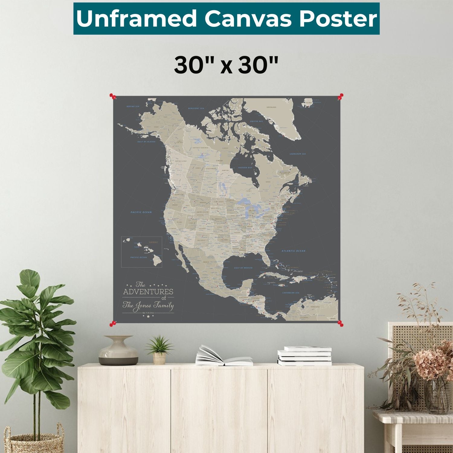 Personalized earth toned North America canvas map poster in gray and tan pinned to living room wall