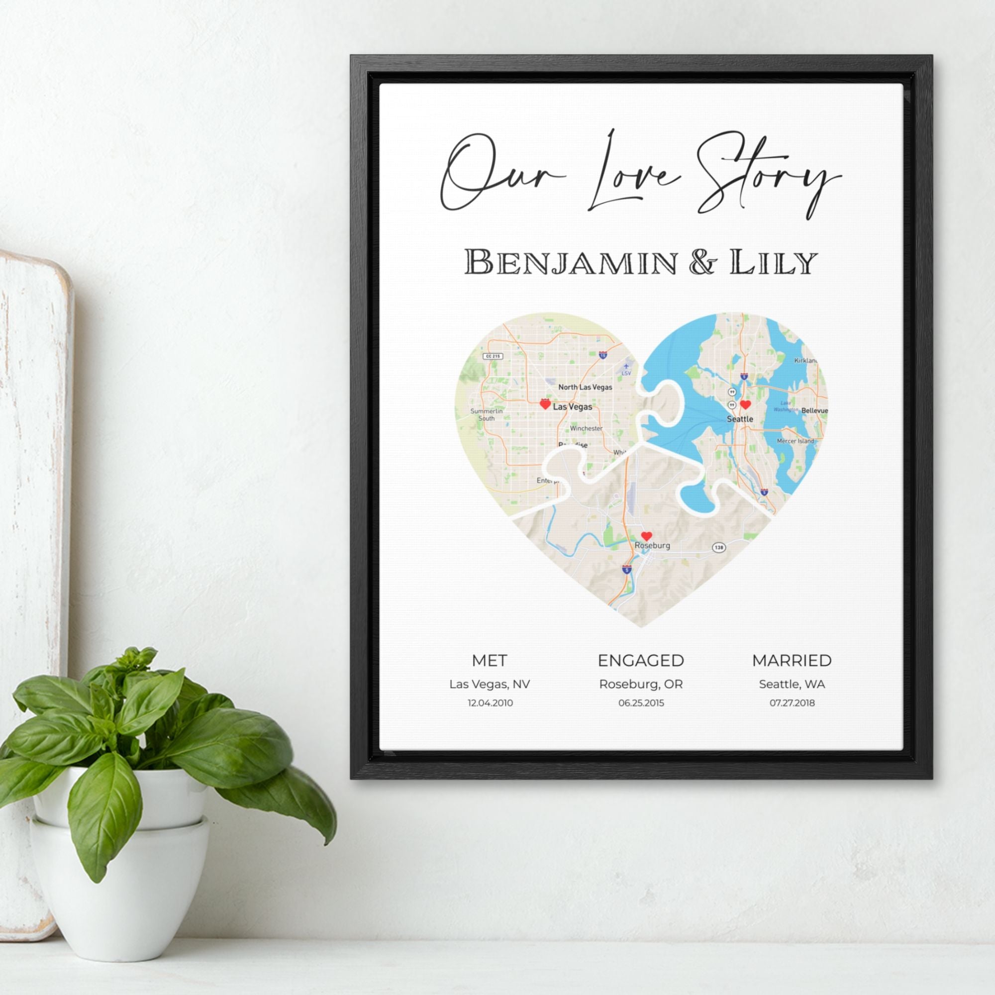 Puzzle Piece Heart Map Art | Personalized Couple Gift | Option 5