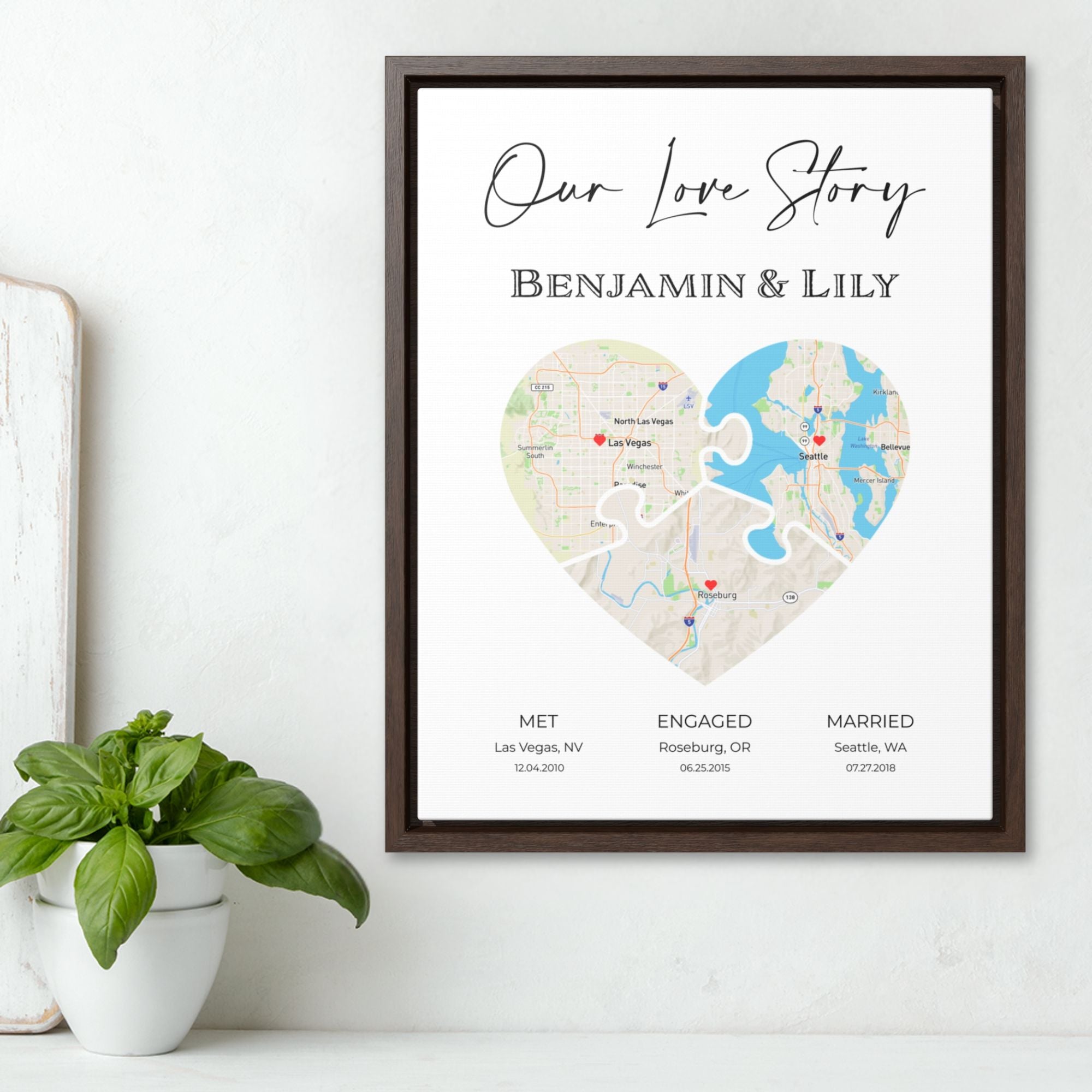 Puzzle Piece Heart Map Art | Personalized Couple Wall Art Gift