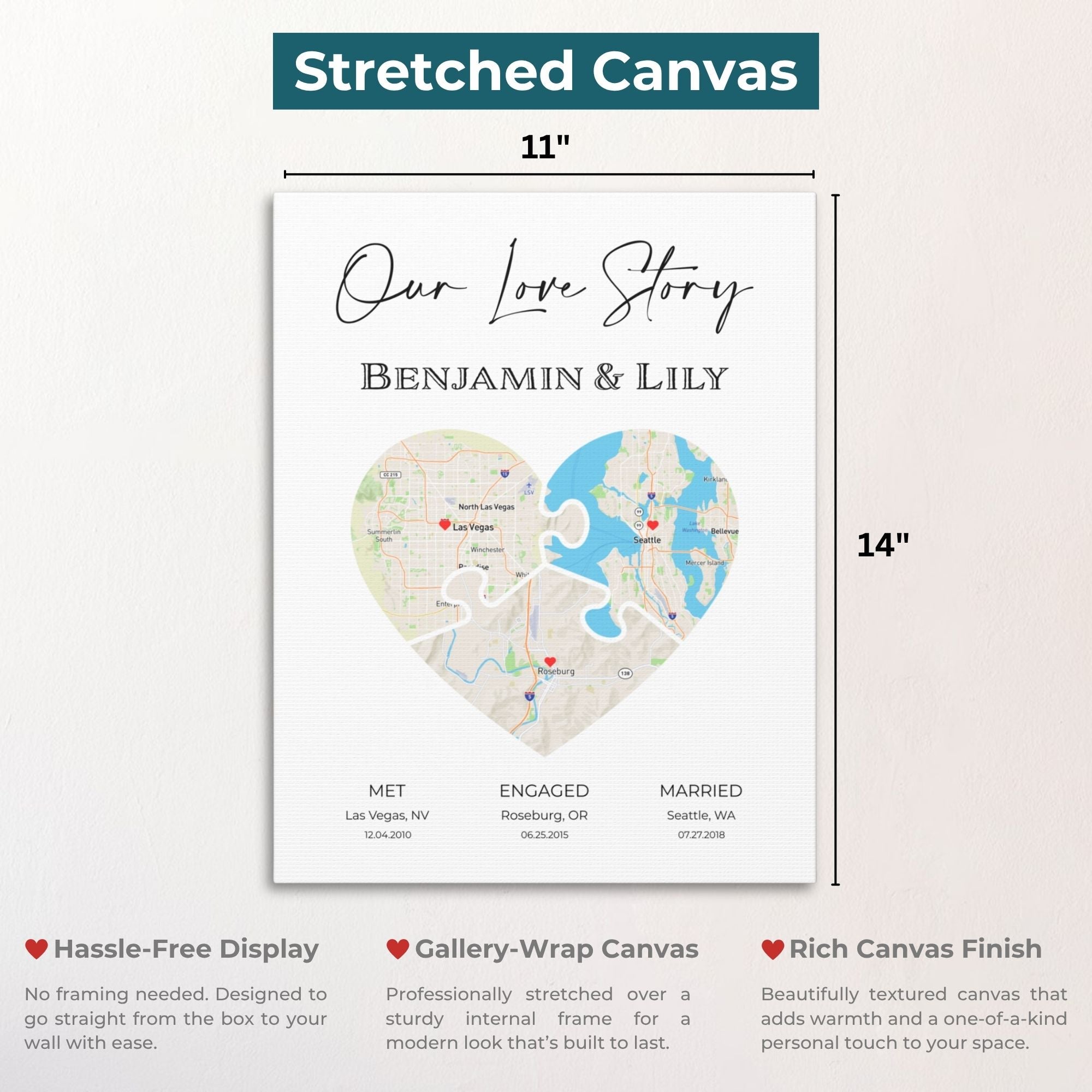 Puzzle Piece Heart Map Art | Personalized Couple Gift | Option 5