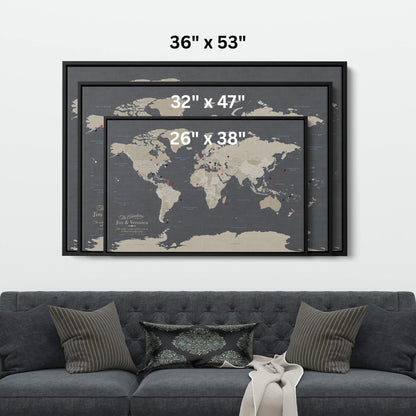 Gallery Wrapped - Earth Toned World Travel Map with pins
