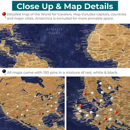 Close up of Gold & Navy World Map Rolled Canvas Poster 