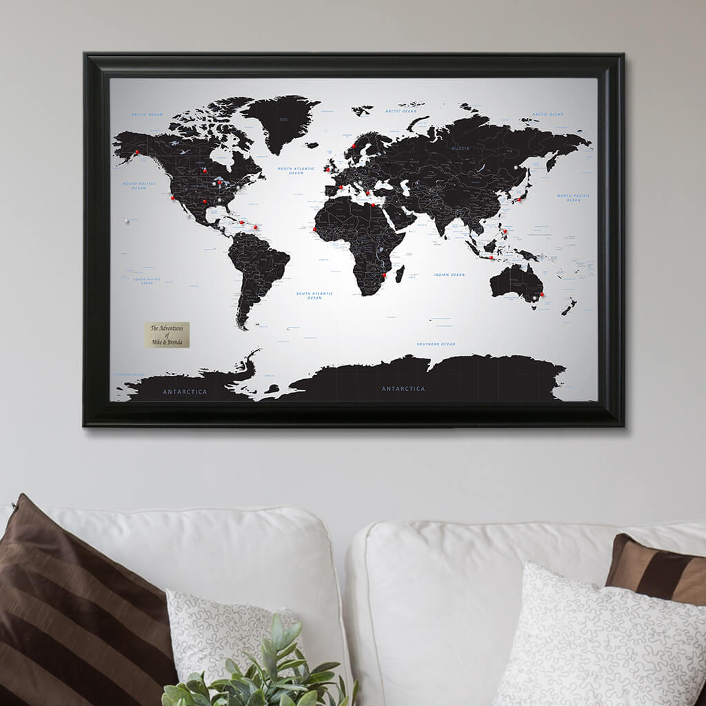 Black Ice World Push Pin Travel Map in Black Frame - Best Seller