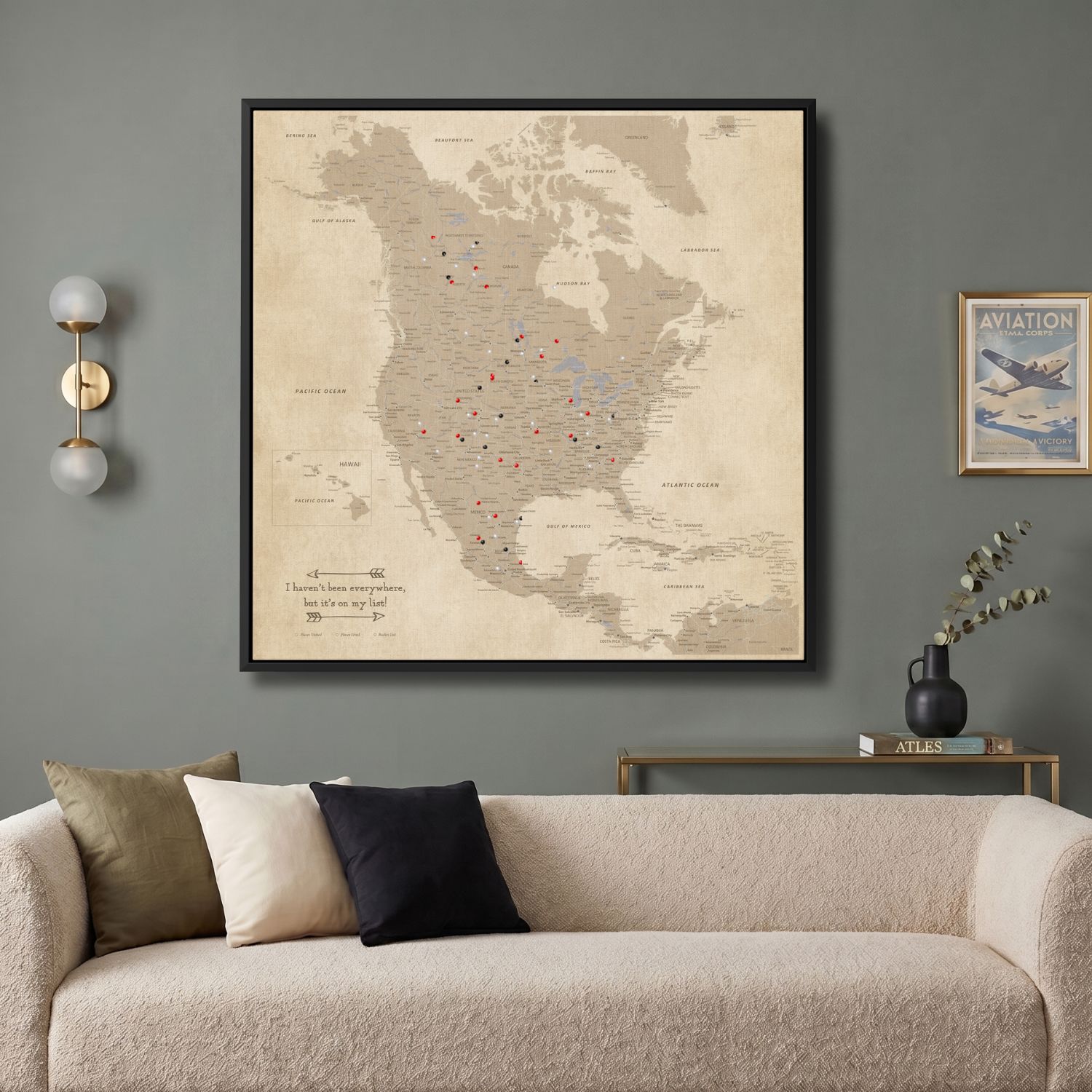 Canvas - Vintage North America Travel Map with Pins