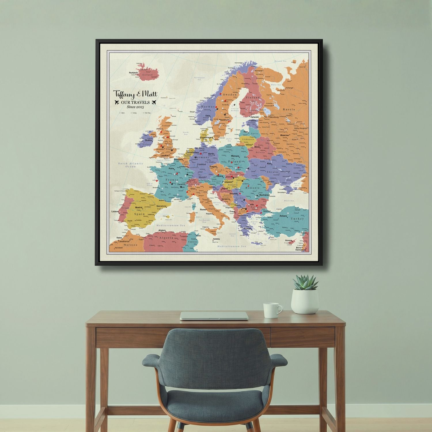 Canvas - Tan Ocean Europe Travel Map with Pins - Square