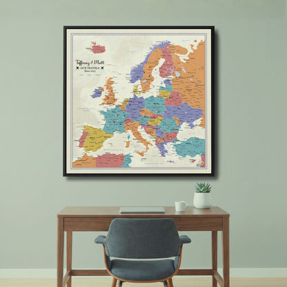 Canvas - Tan Ocean Europe Travel Map with Pins - Square