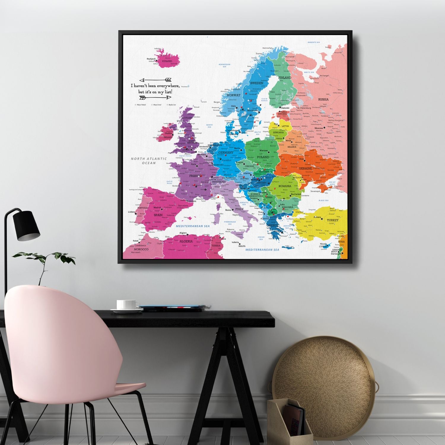 Canvas - Colorful Europe Travel Map with Pins - Square
