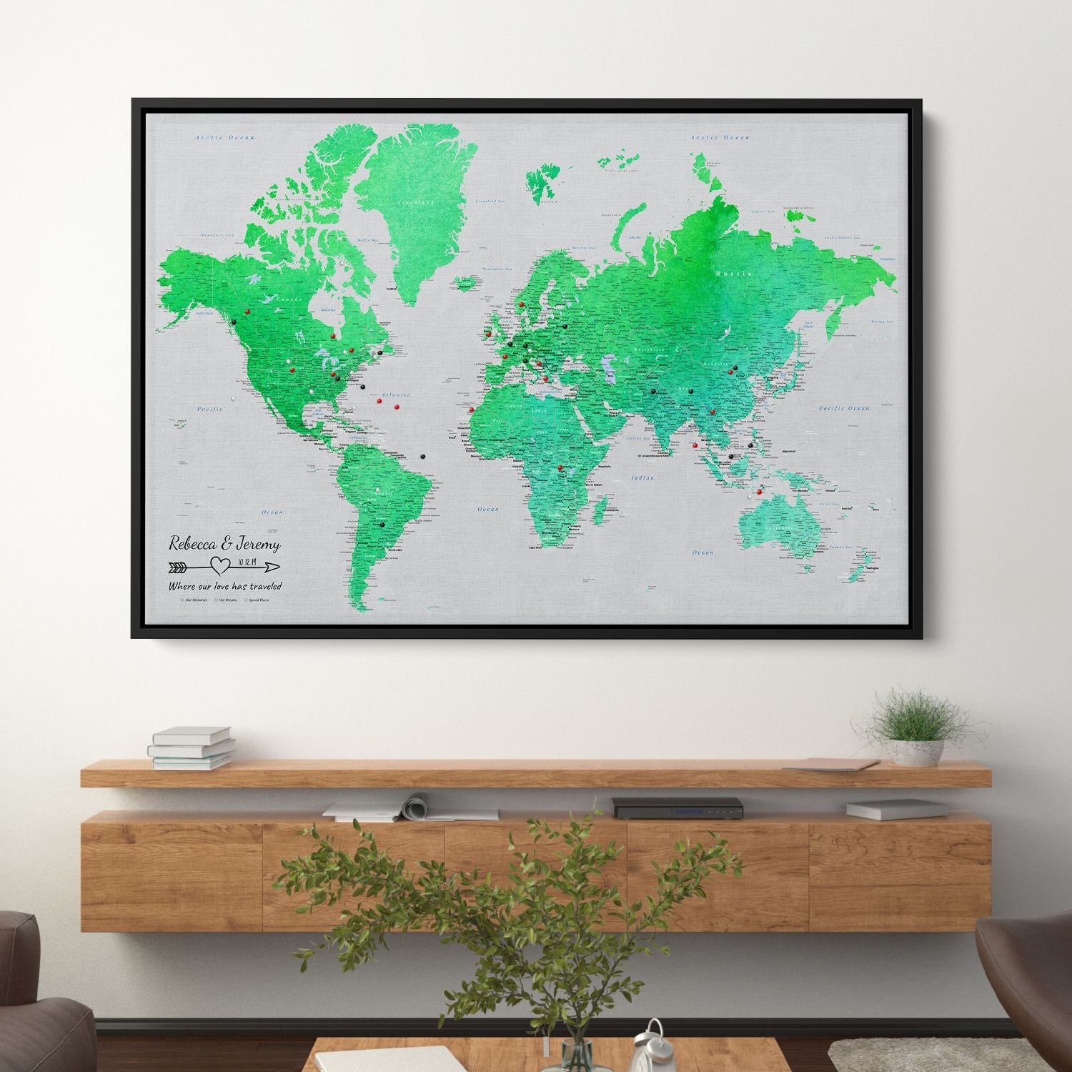 Canvas - Enchanting Emerald Watercolor World Travel Map with pins