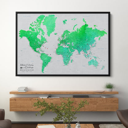 Canvas - Enchanting Emerald Watercolor World Travel Map with pins