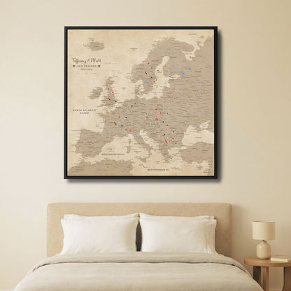 Canvas - Vintage Europe Travel Map with Pins - Square