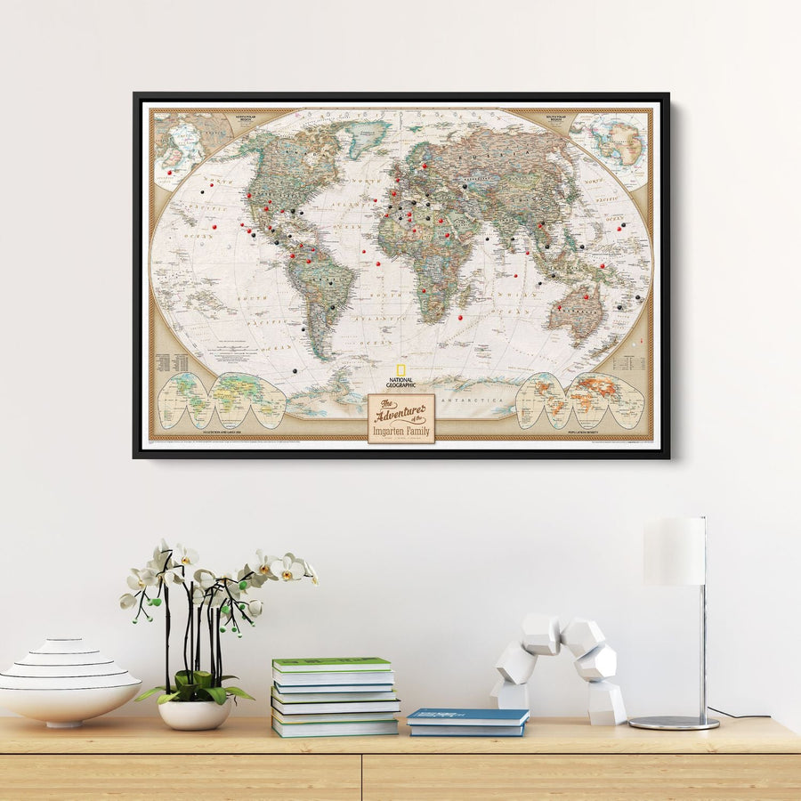 Framed National Geographic executive world travel map canvas with red and black pins marking destinations, displayed above wooden console table with books and orchid plant