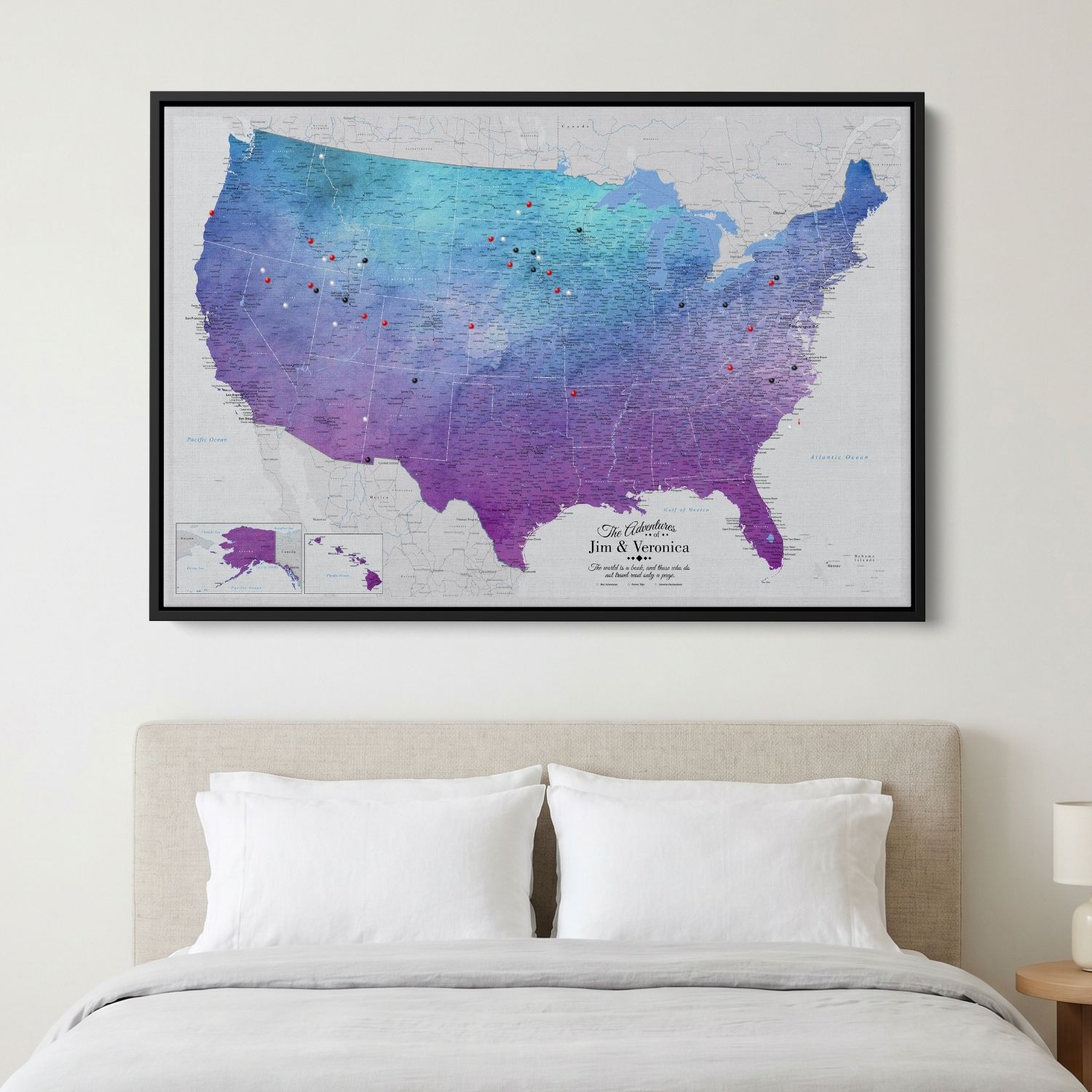 Canvas - Vibrant Violet Watercolor USA Travel Map with pins