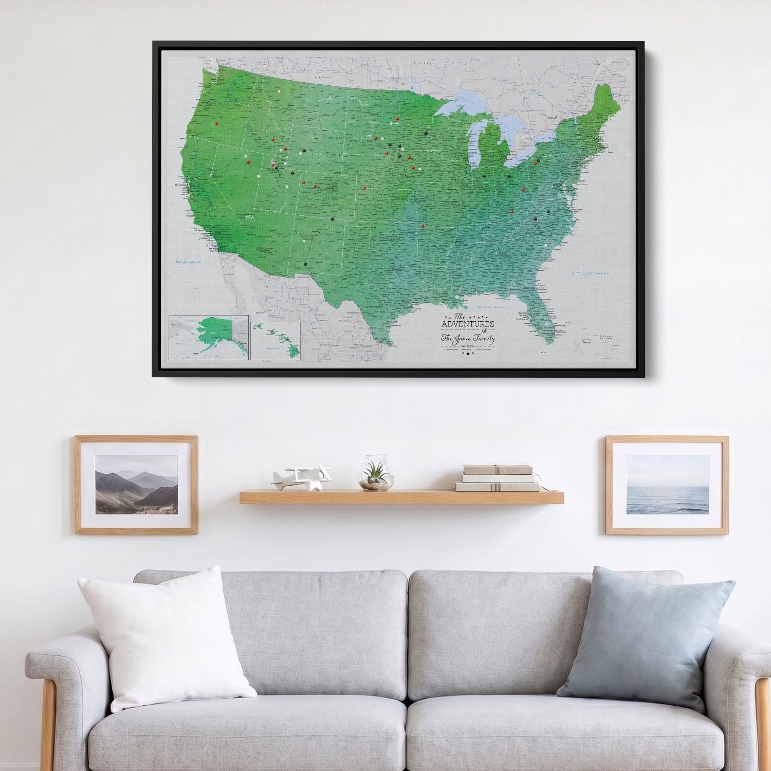 Canvas - Enchanting Emerald Watercolor USA Travel Map with pins