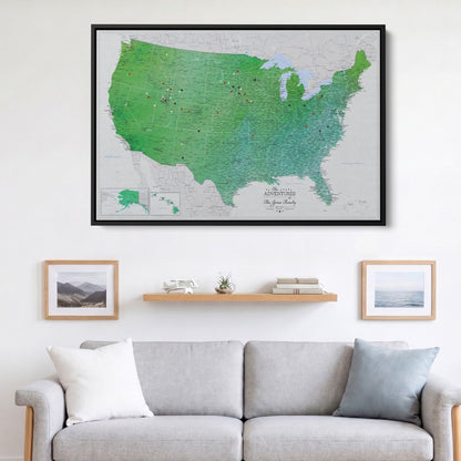 Canvas - Enchanting Emerald Watercolor USA Travel Map with pins