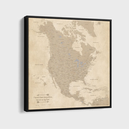 Vintage North America travel map canvas with black float frame, antiqued beige tones